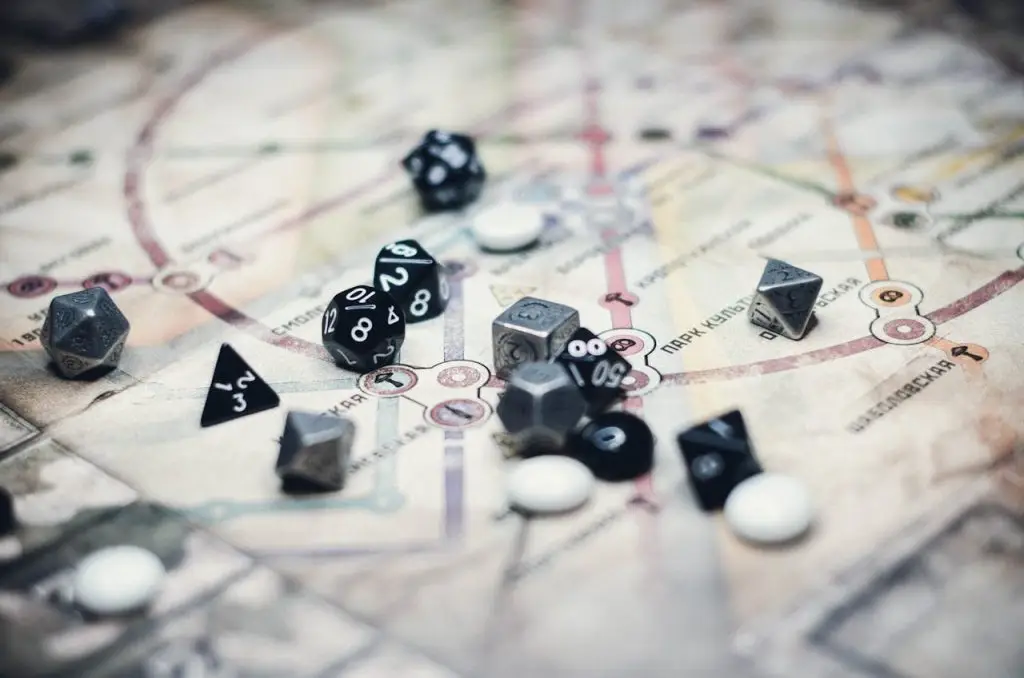 A collection of multi-sided dice on a detailed map, ideal for gaming enthusiasts